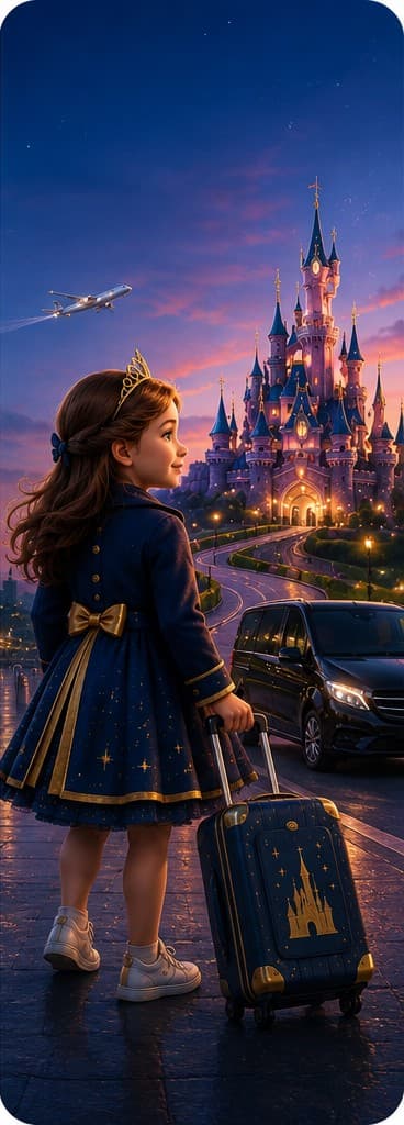 Illustration d'une petite fille avec sa valise devant le château de Disneyland Paris, van premium garé sur la route, aéroport CDG en arrière-plan